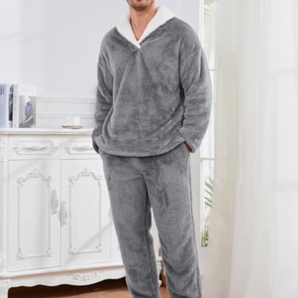 Men's Fluffy Fleece Pajama Set Soft Plush Winter Loungewear Sleepwear Classic